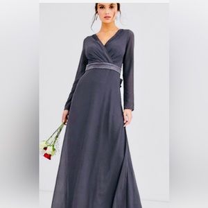 TFNC Bridesmaid long sleeve maxi dress wirhsatinbow back in gray
